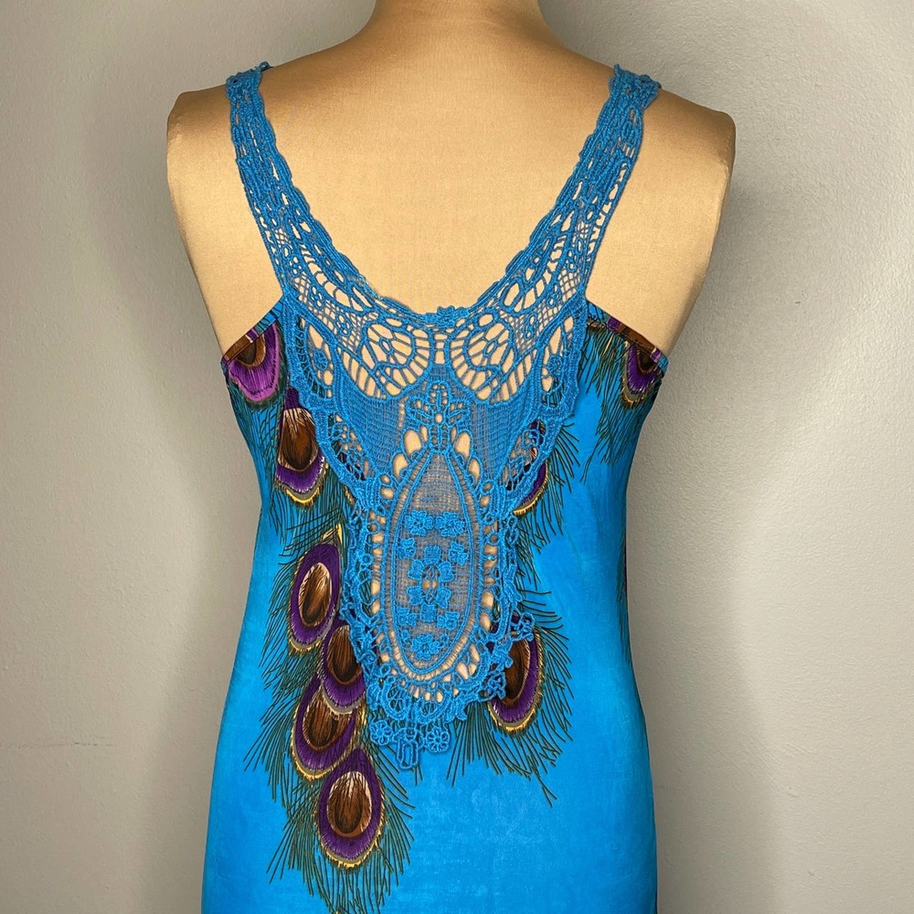 Blue Maxi Dress Peacock Feather Crochet Cottagecore Feathers